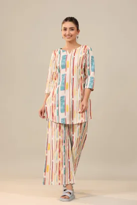 Parallel Abstract Lines on Off White Cotton Flex Palazzo Loungewear Set