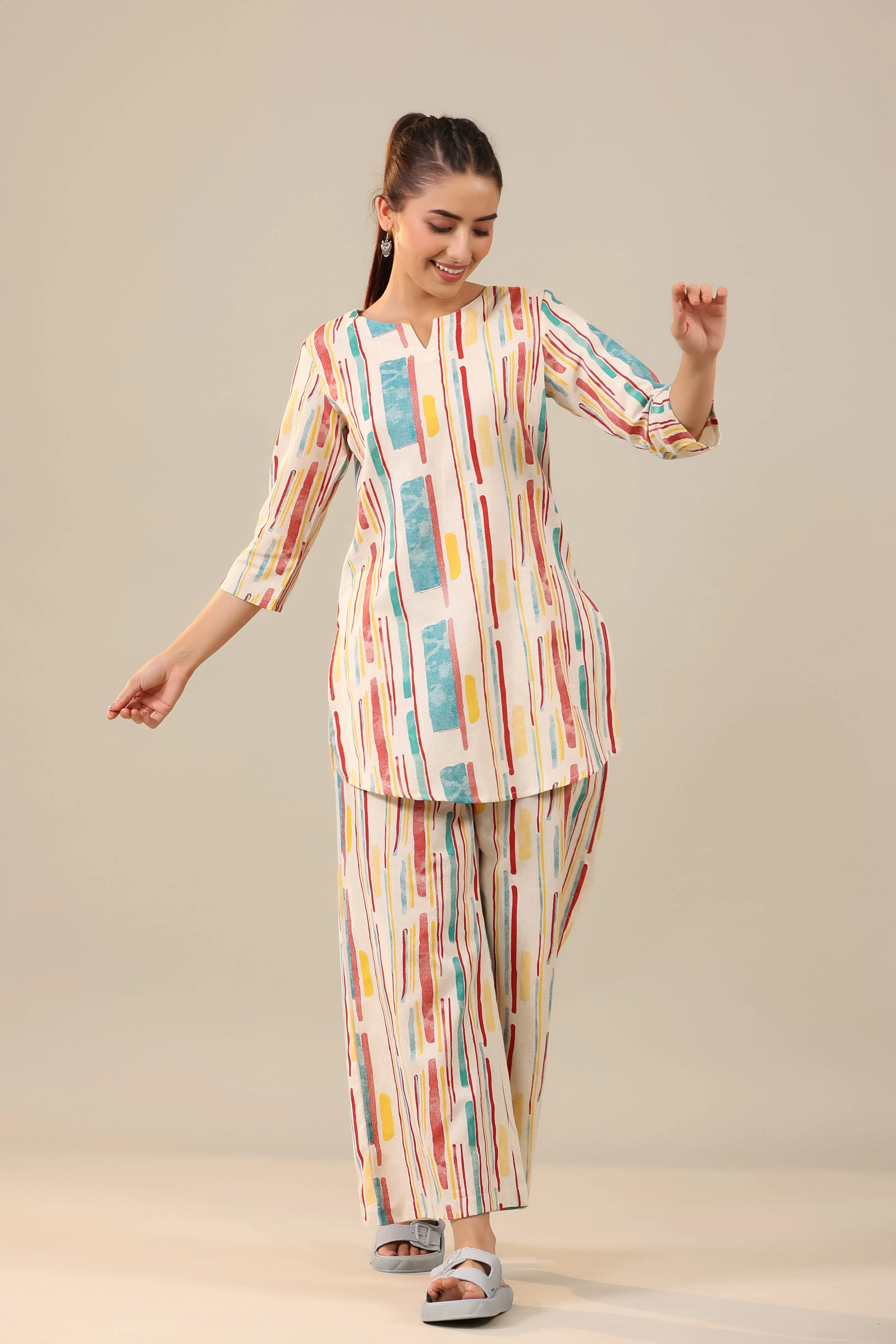 Parallel Abstract Lines on Off White Cotton Flex Palazzo Loungewear Set