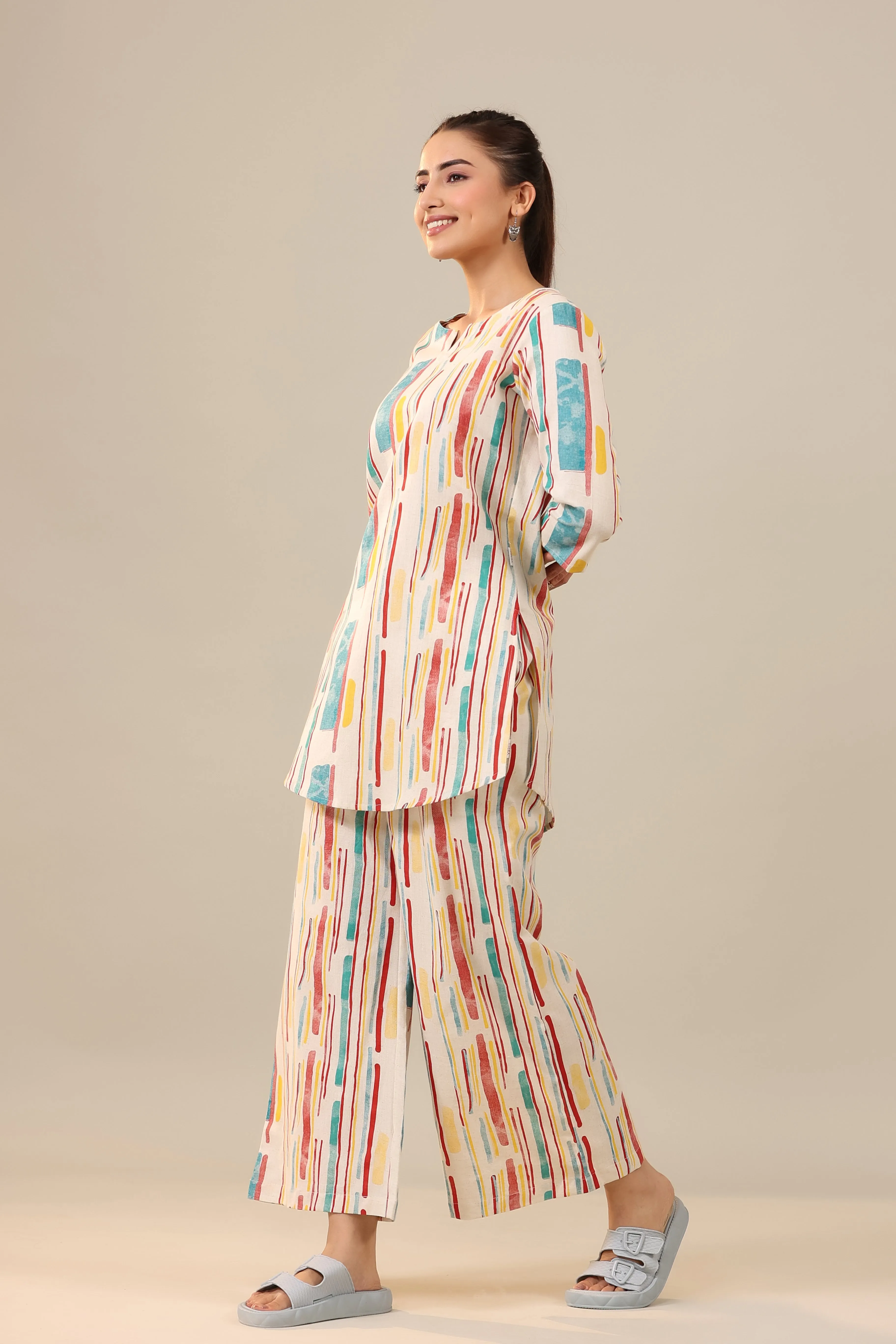 Parallel Abstract Lines on Off White Cotton Flex Palazzo Loungewear Set