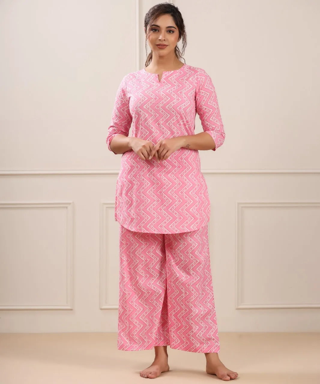 Patterned Zigzag on Cotton Pink Palazzo Loungewear Set