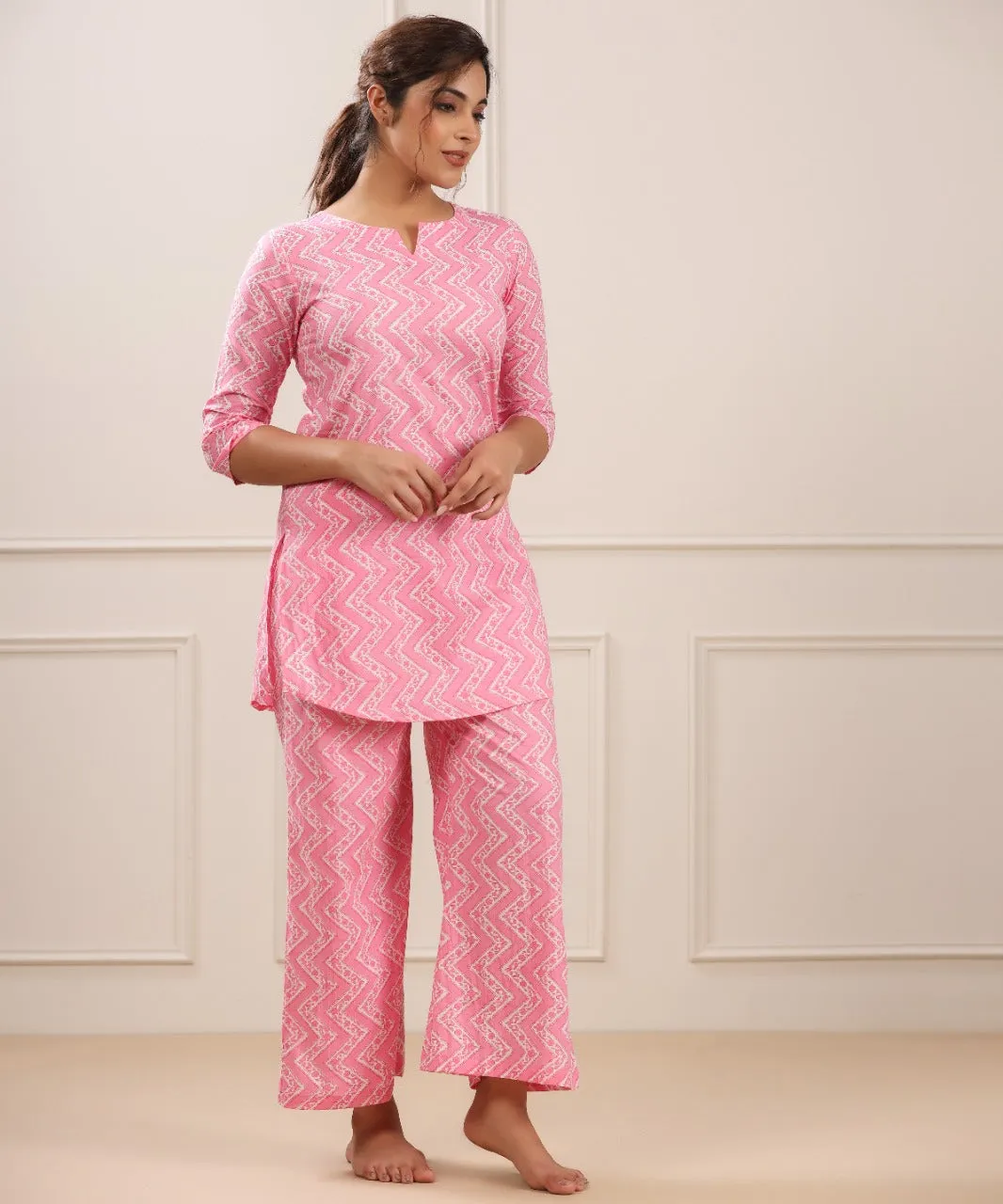 Patterned Zigzag on Cotton Pink Palazzo Loungewear Set