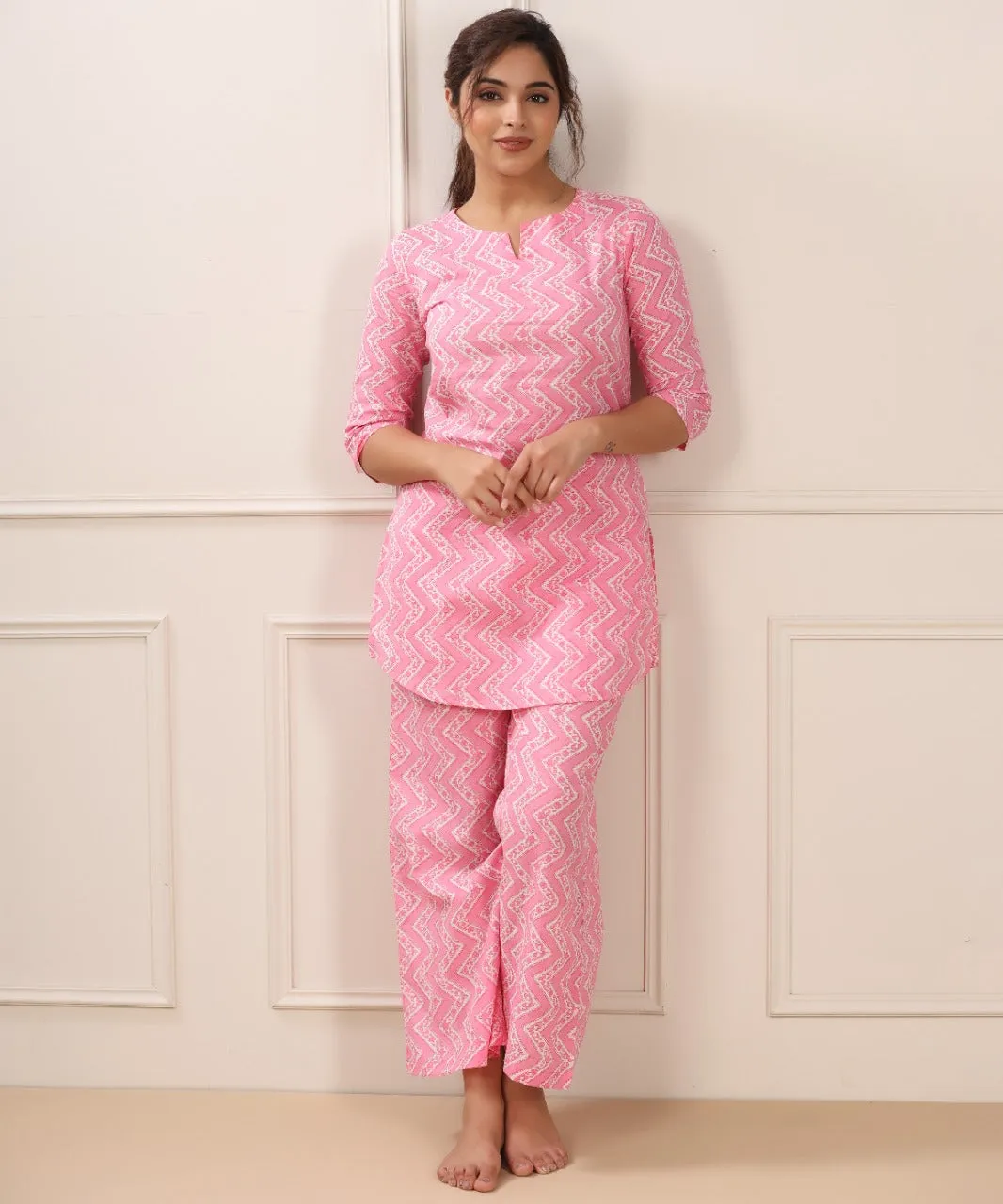 Patterned Zigzag on Cotton Pink Palazzo Loungewear Set