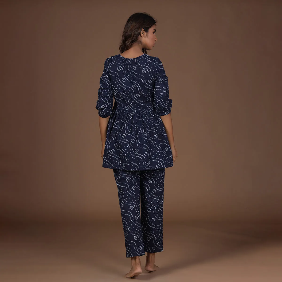 Peplum Blue Bandhej Loungewear Top Set