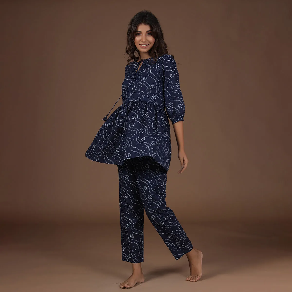 Peplum Blue Bandhej Loungewear Top Set