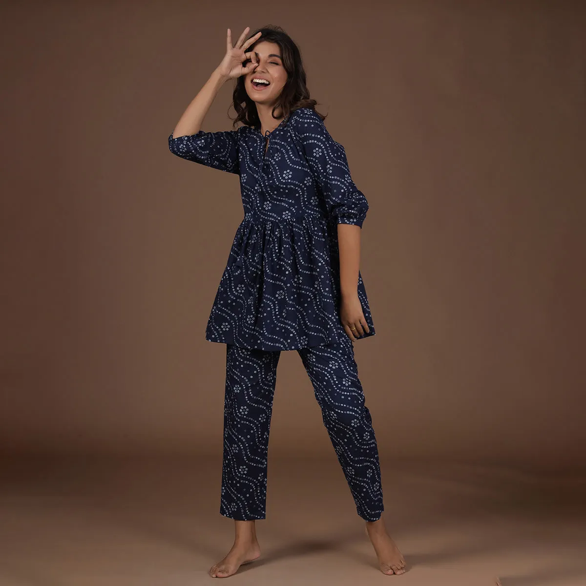 Peplum Blue Bandhej Loungewear Top Set