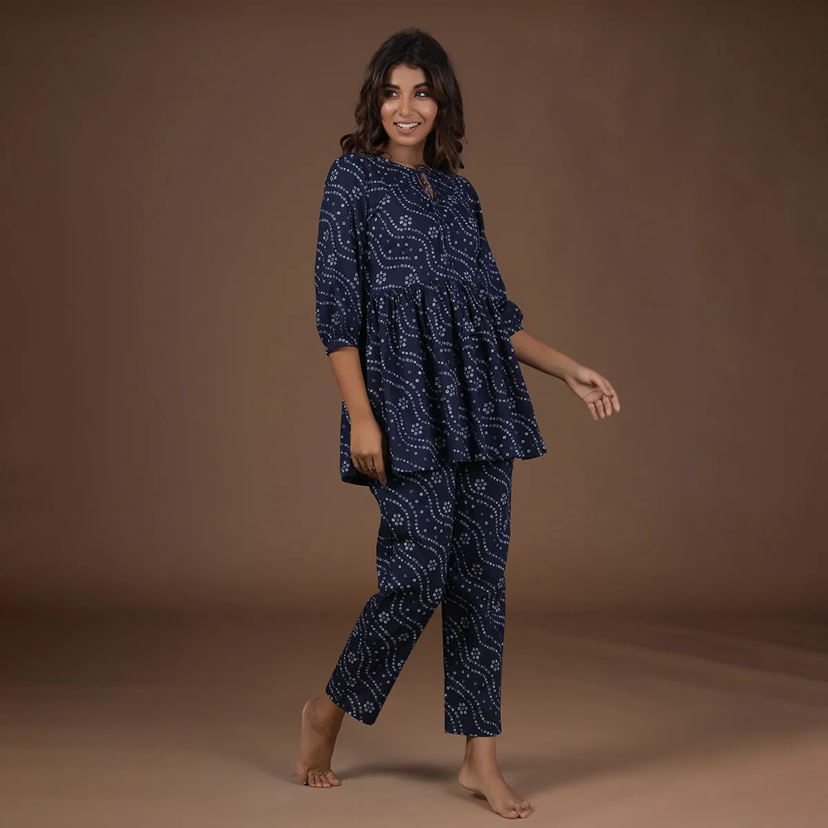 Peplum Blue Bandhej Loungewear Top Set