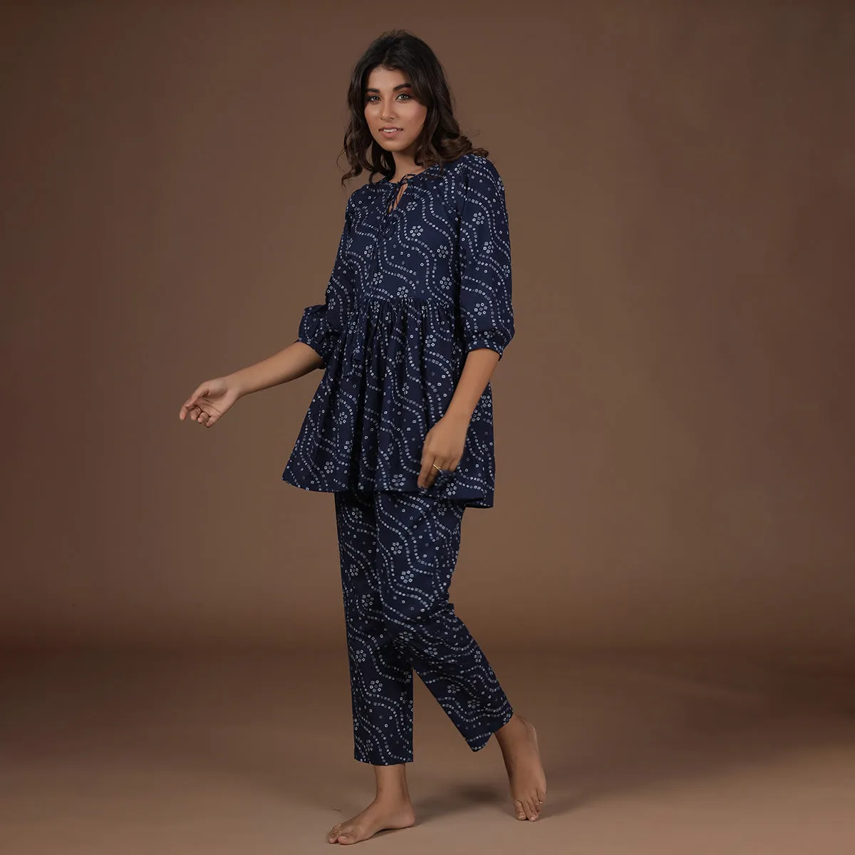 Peplum Blue Bandhej Loungewear Top Set