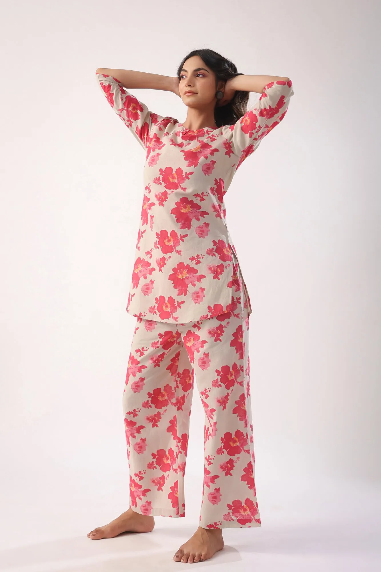 Pink Flowers on Light Green Palazzo Loungewear Set