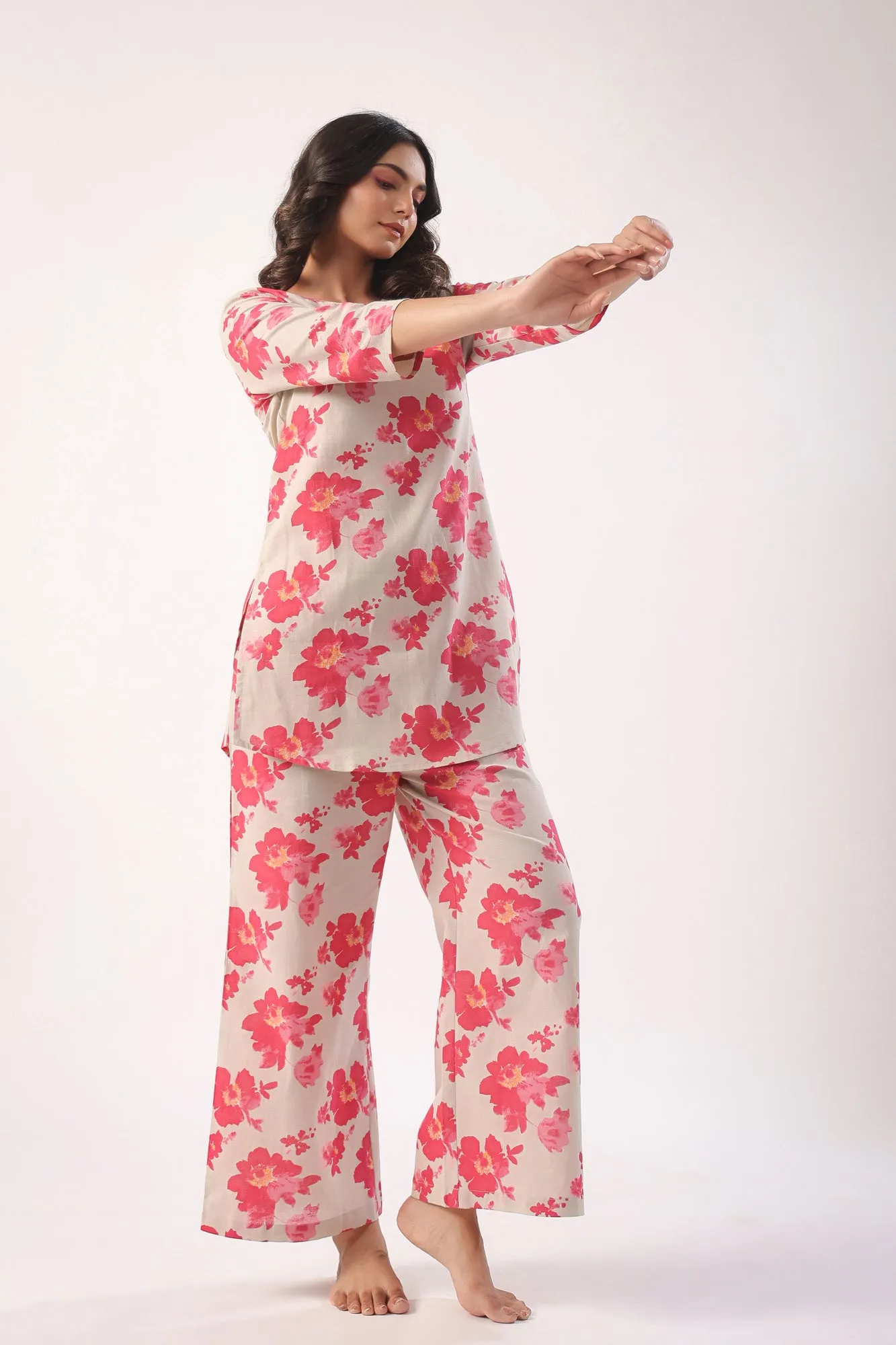 Pink Flowers on Light Green Palazzo Loungewear Set