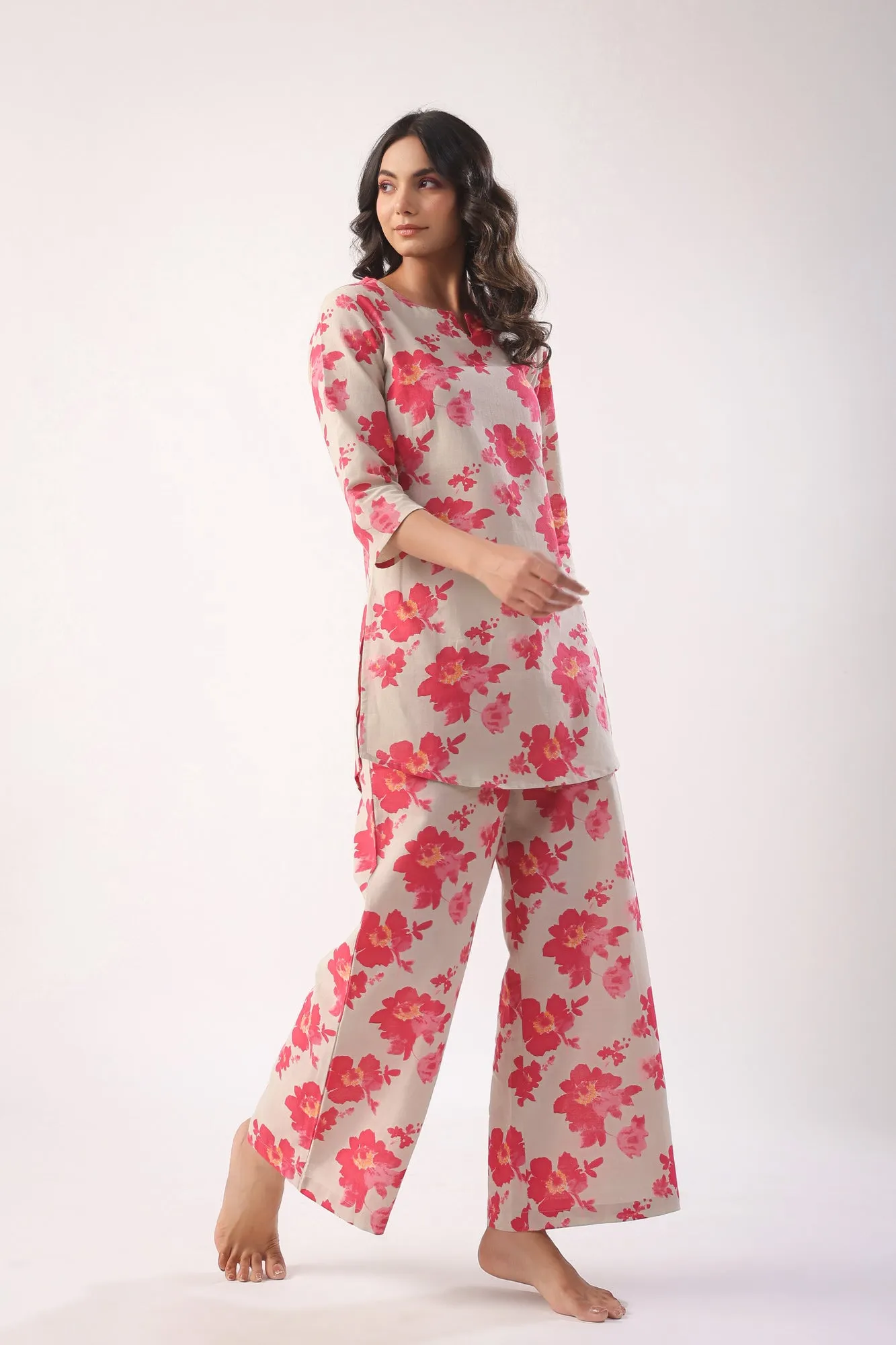 Pink Flowers on Light Green Palazzo Loungewear Set