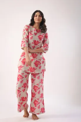 Pink Flowers on Light Green Palazzo Loungewear Set