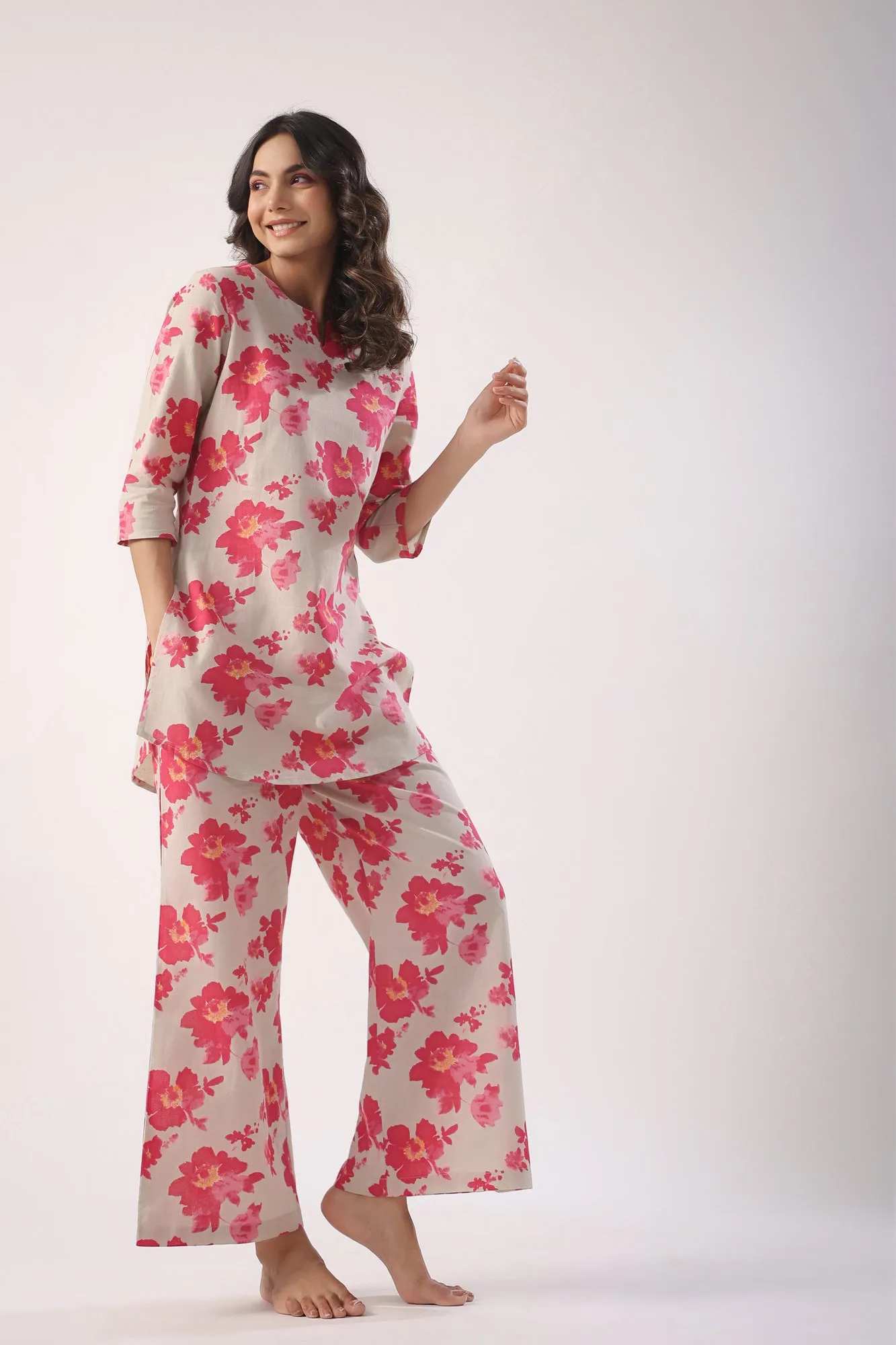 Pink Flowers on Light Green Palazzo Loungewear Set