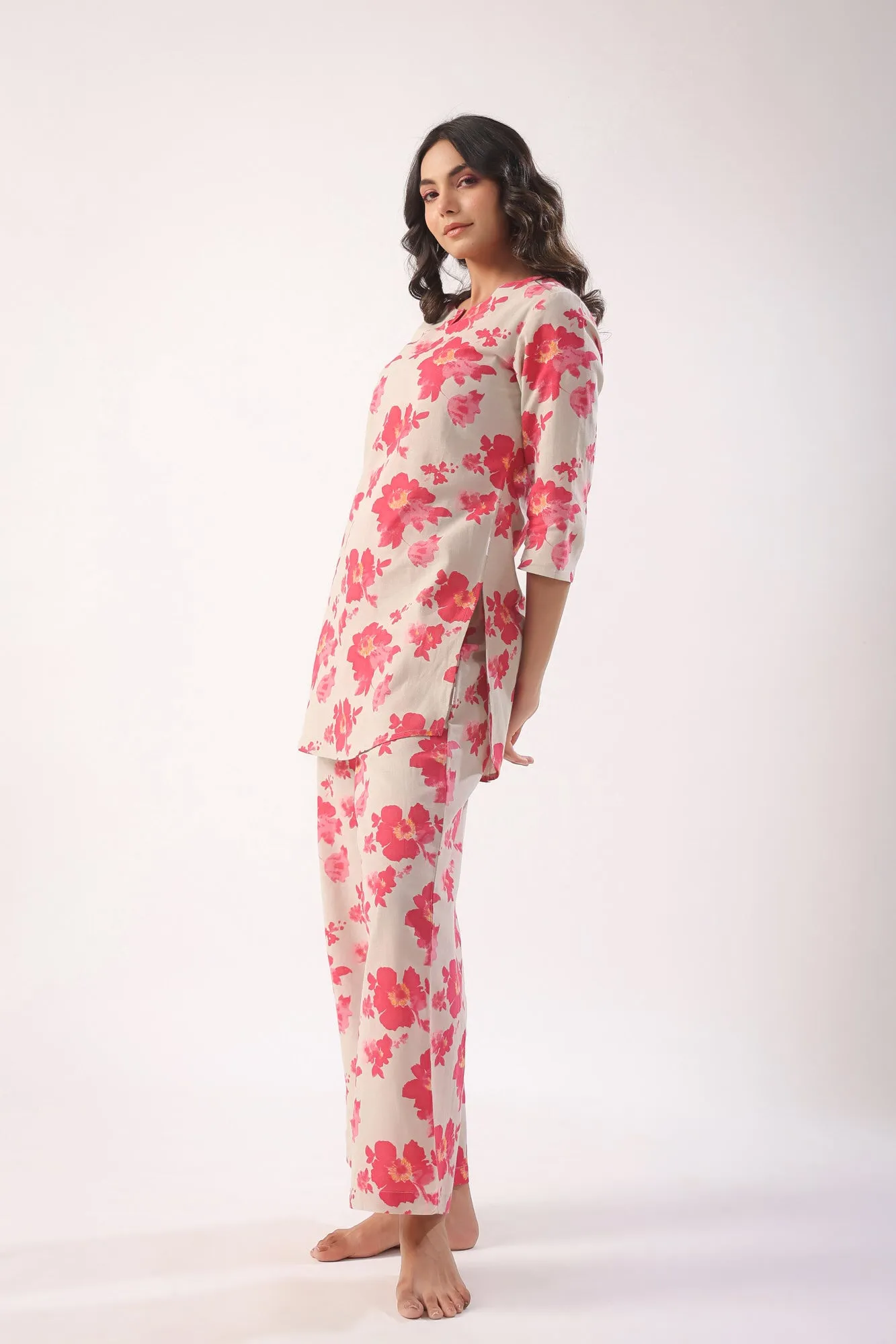 Pink Flowers on Light Green Palazzo Loungewear Set