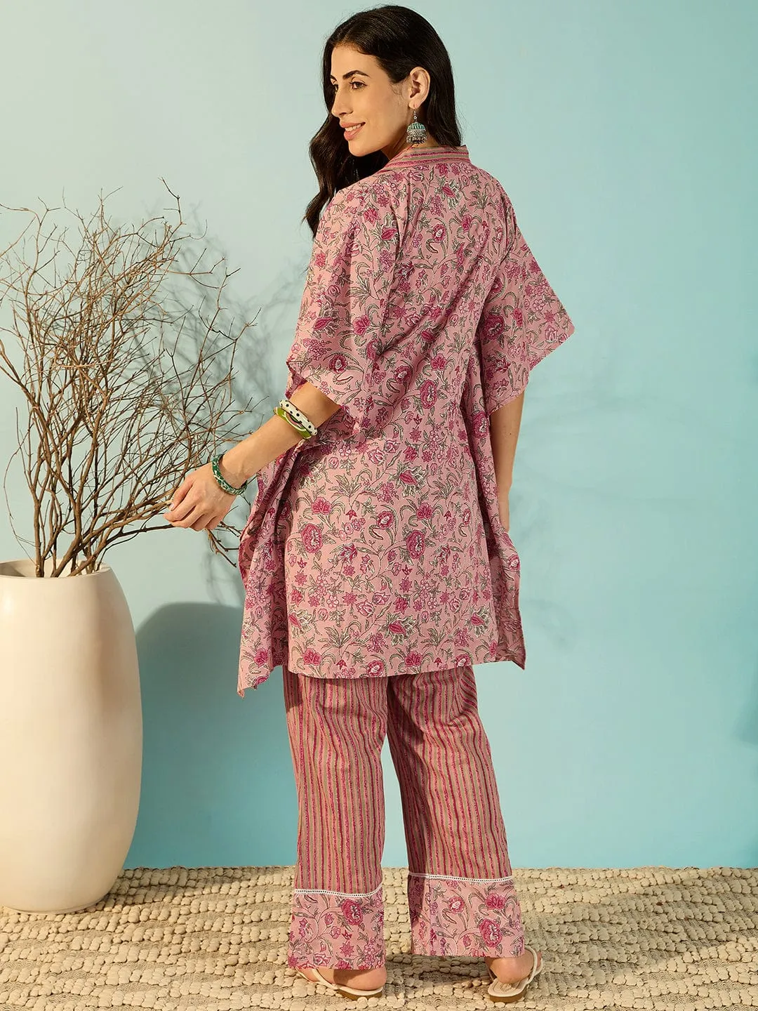 Pink Handcrafted Cotton Kaftan Co-Ord Set For Women