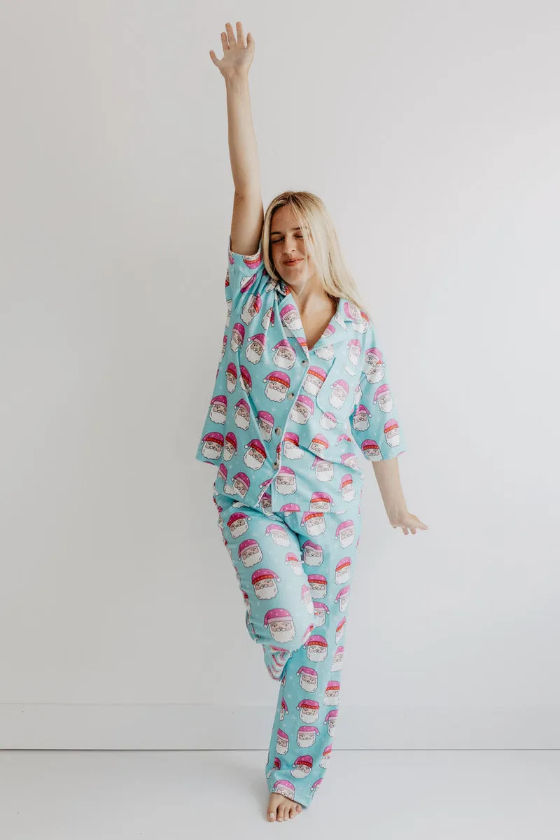 Pink Santa Hats Blue Wholesale Loungewear Set