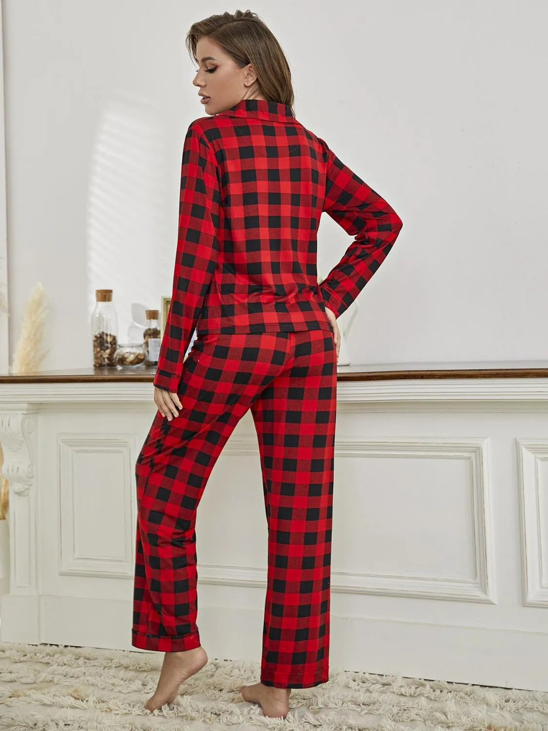 Plaid Long Sleeve Top and Pants Lounge Set