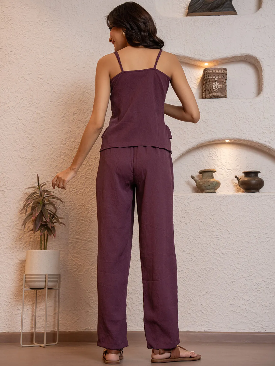 Plum Purple Soft Crepe Sleeveless Co-Ord Set