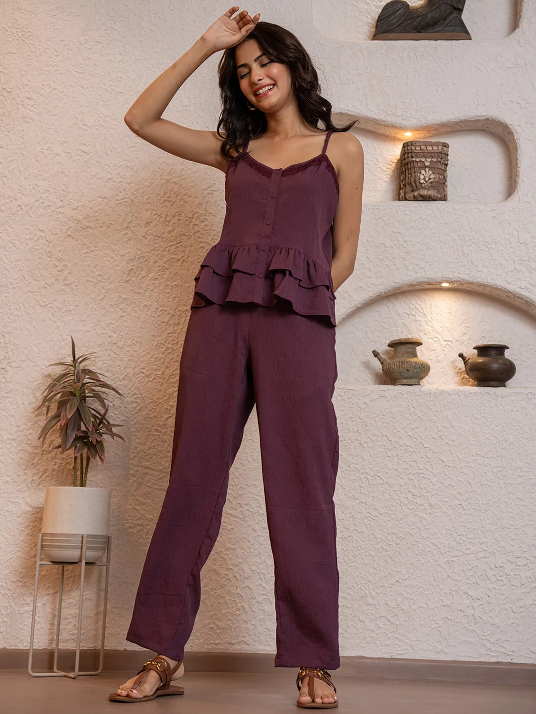 Plum Purple Soft Crepe Sleeveless Co-Ord Set