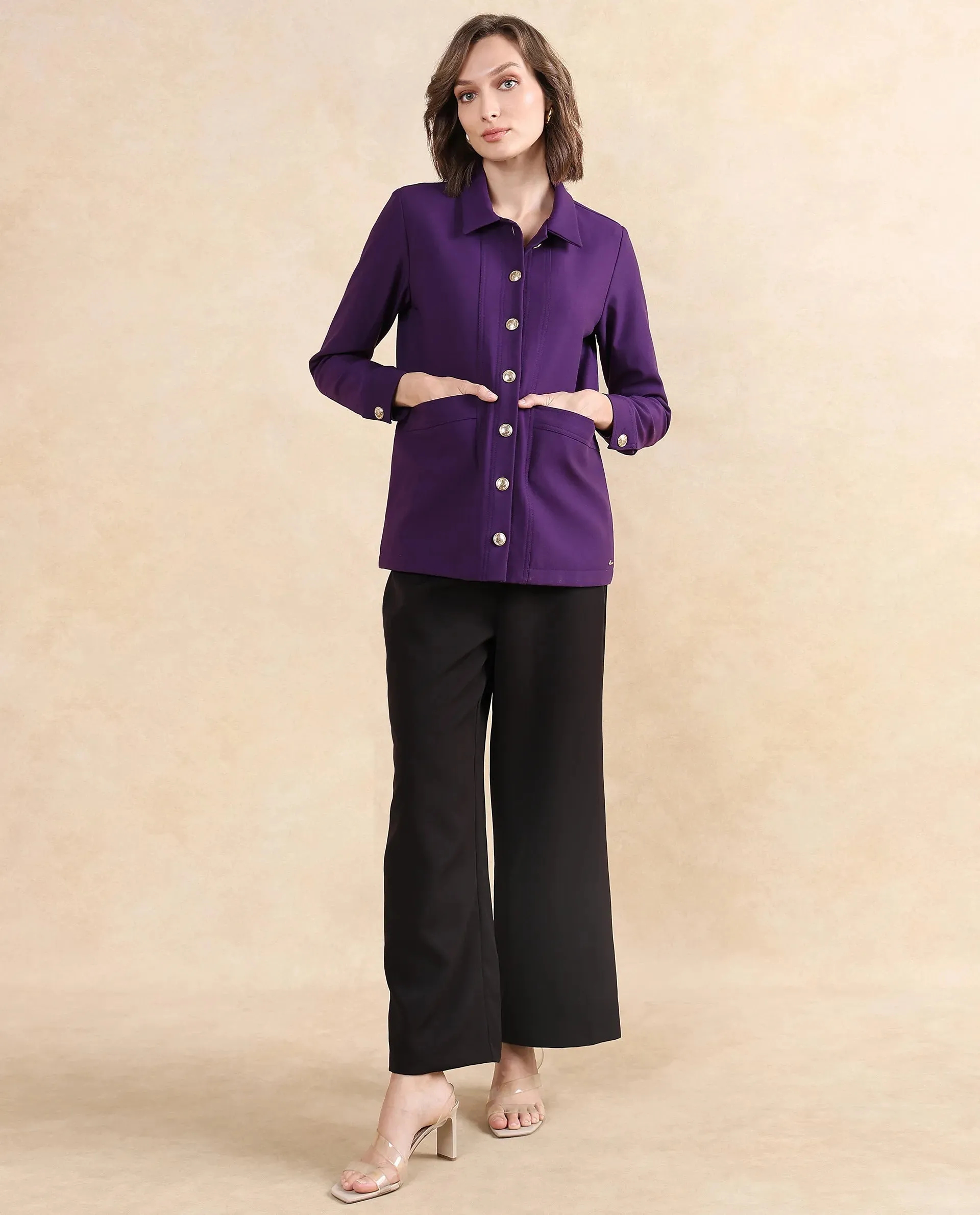 Rareism Women Yeppon Purple Cuffed Sleeve Collared Neck Button Closure Boxy Fit Hip Length Plain Jacket