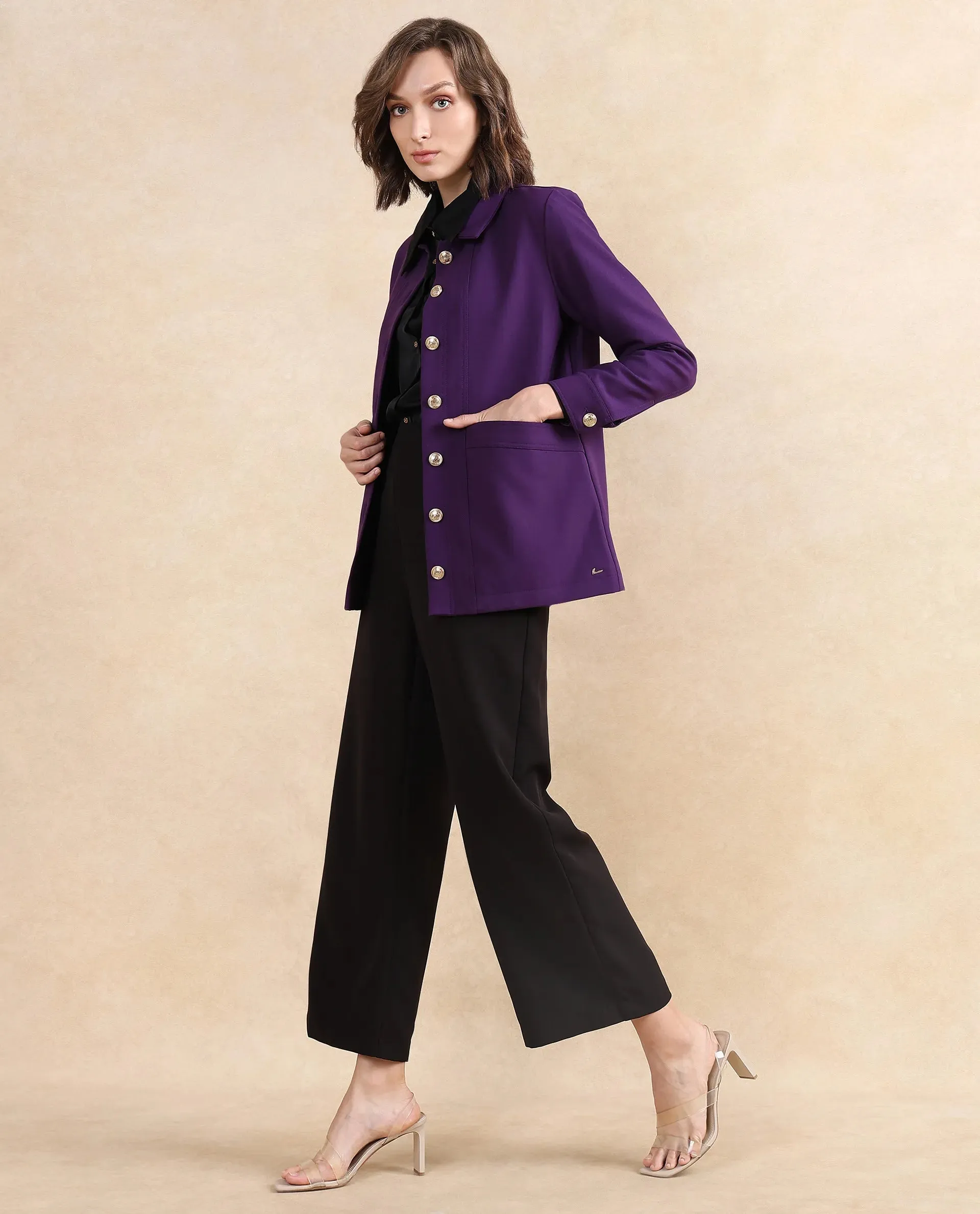 Rareism Women Yeppon Purple Cuffed Sleeve Collared Neck Button Closure Boxy Fit Hip Length Plain Jacket