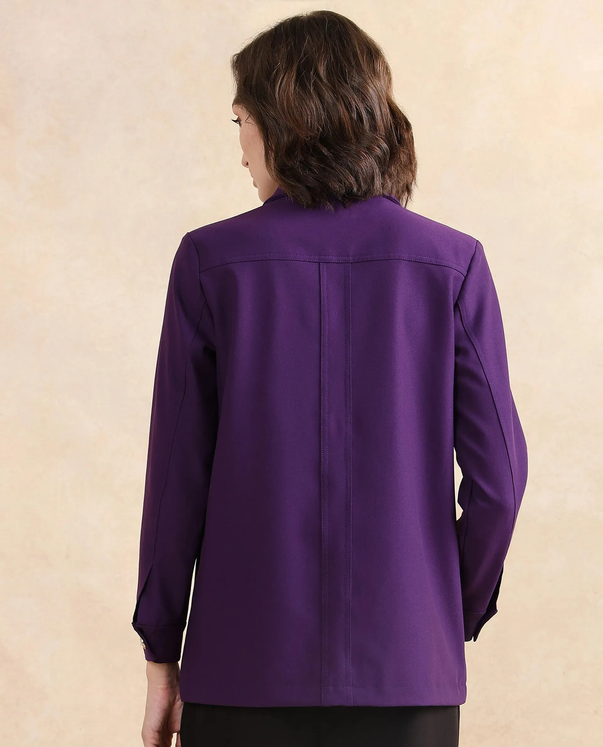 Rareism Women Yeppon Purple Cuffed Sleeve Collared Neck Button Closure Boxy Fit Hip Length Plain Jacket