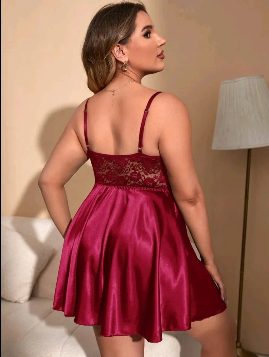 Red Lace & Satin Night Dress - Plus