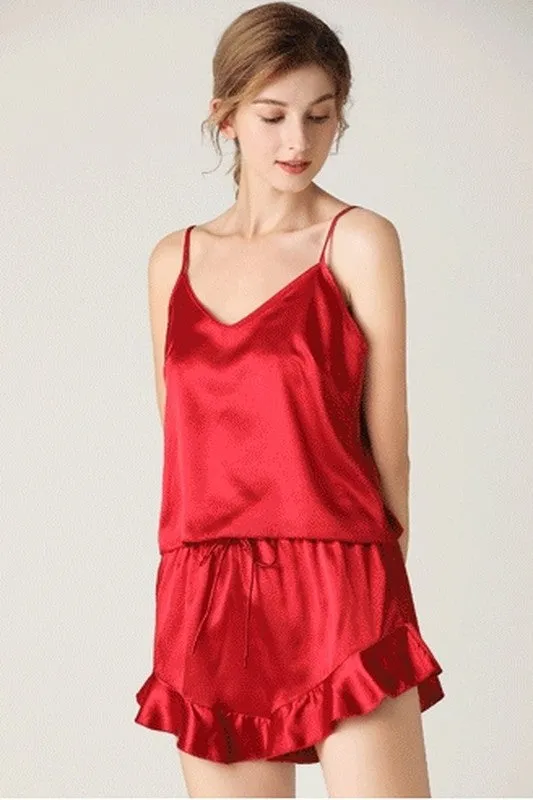 Red Two-Piece Suspender Shorts Pajamas