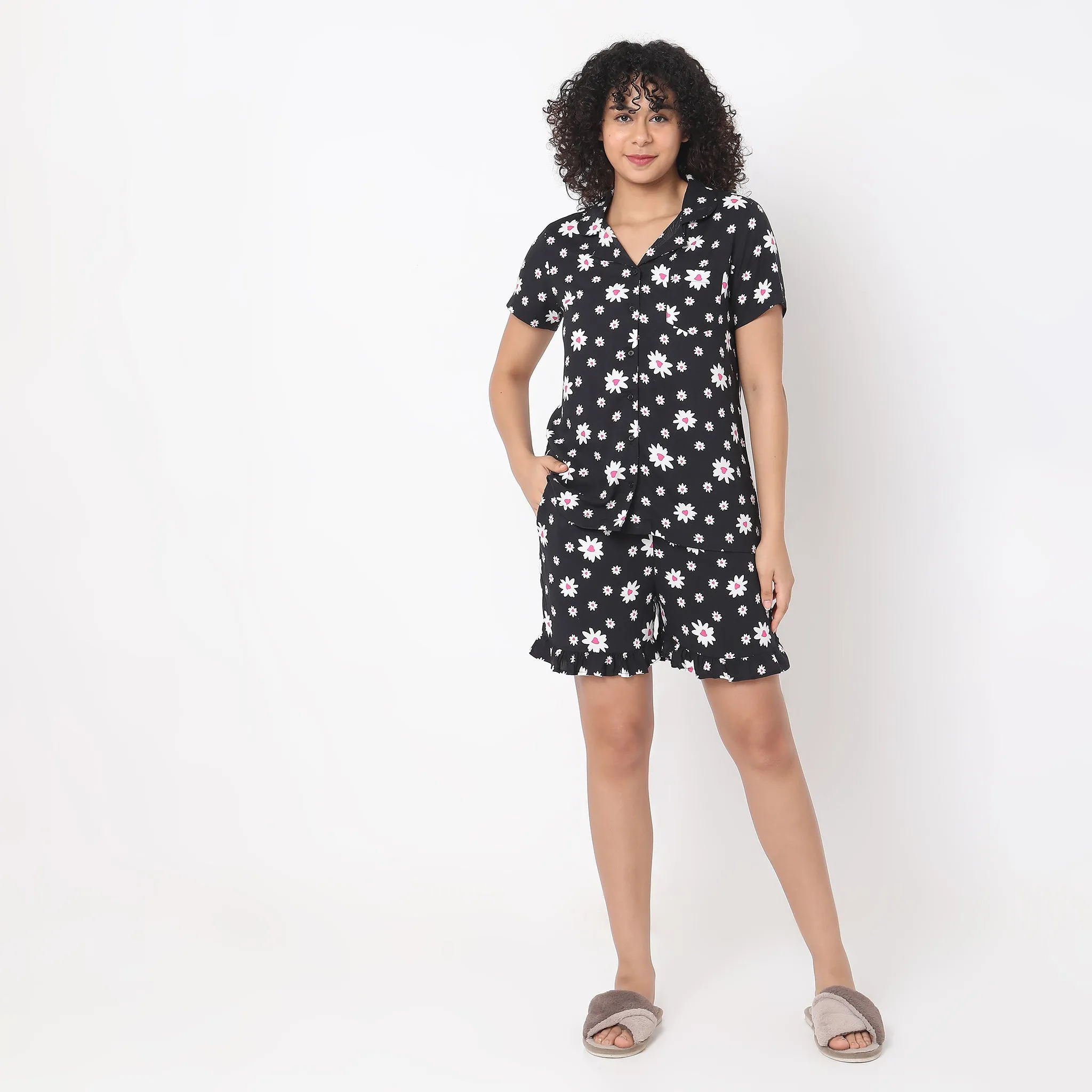 Regular Fit Floral Top with Shorts Sleepwear Set