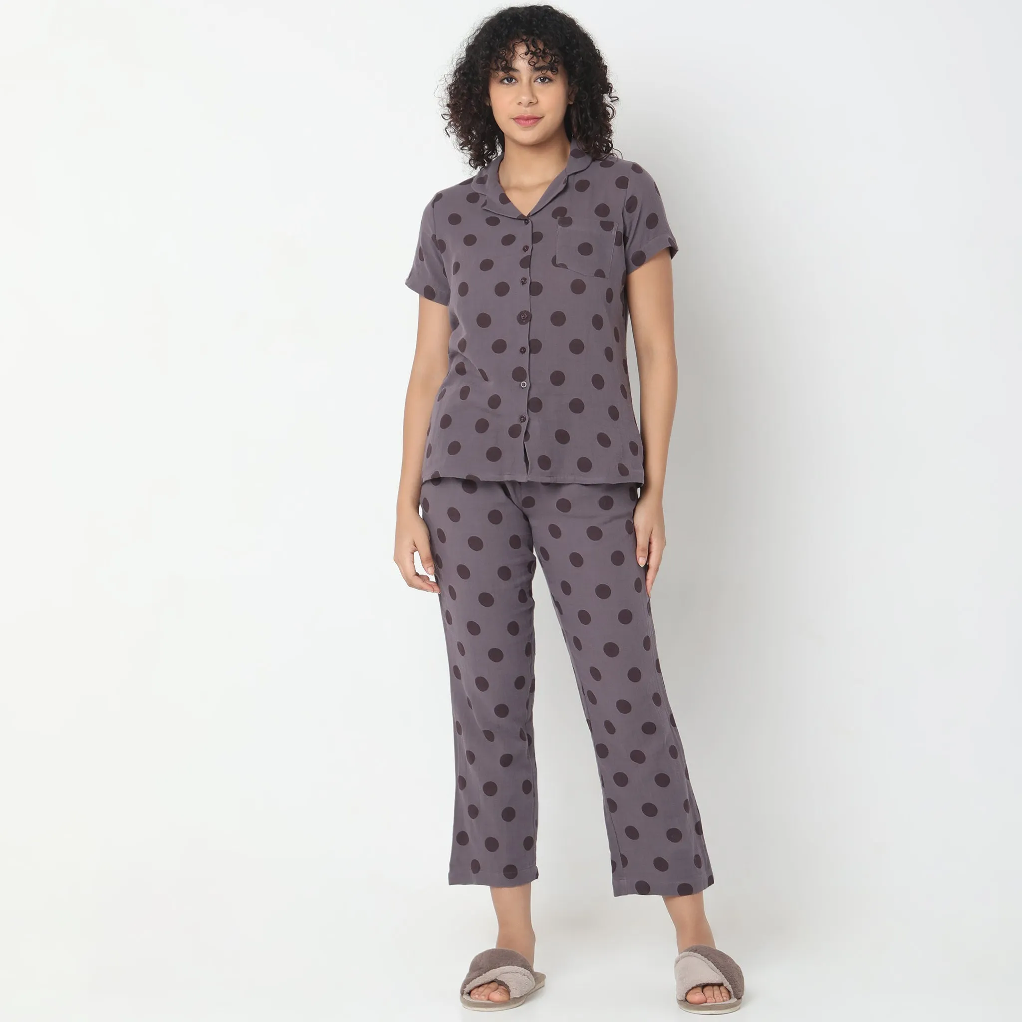 Regular Fit Polka T-shirt with Pyjama Sleepwear Set