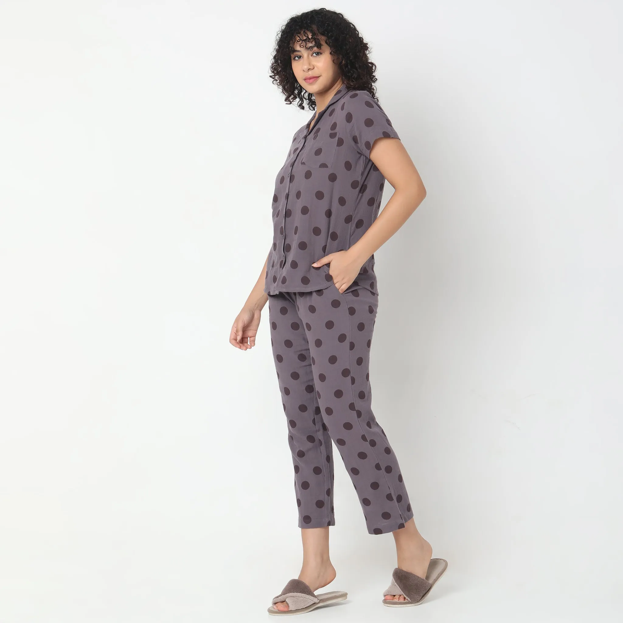 Regular Fit Polka T-shirt with Pyjama Sleepwear Set