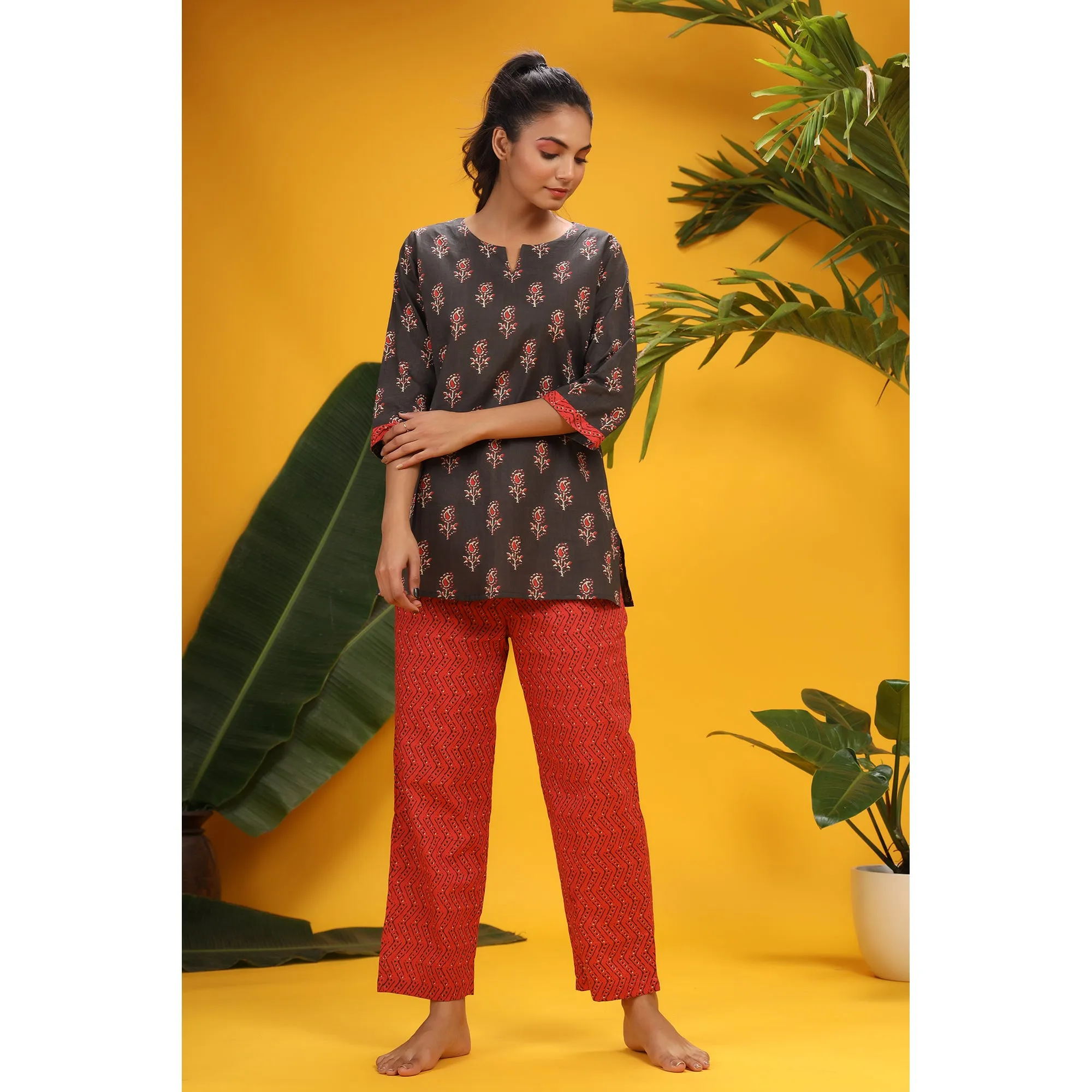 Rose Buds with Patterned Zigzag on Loungewear Top Set