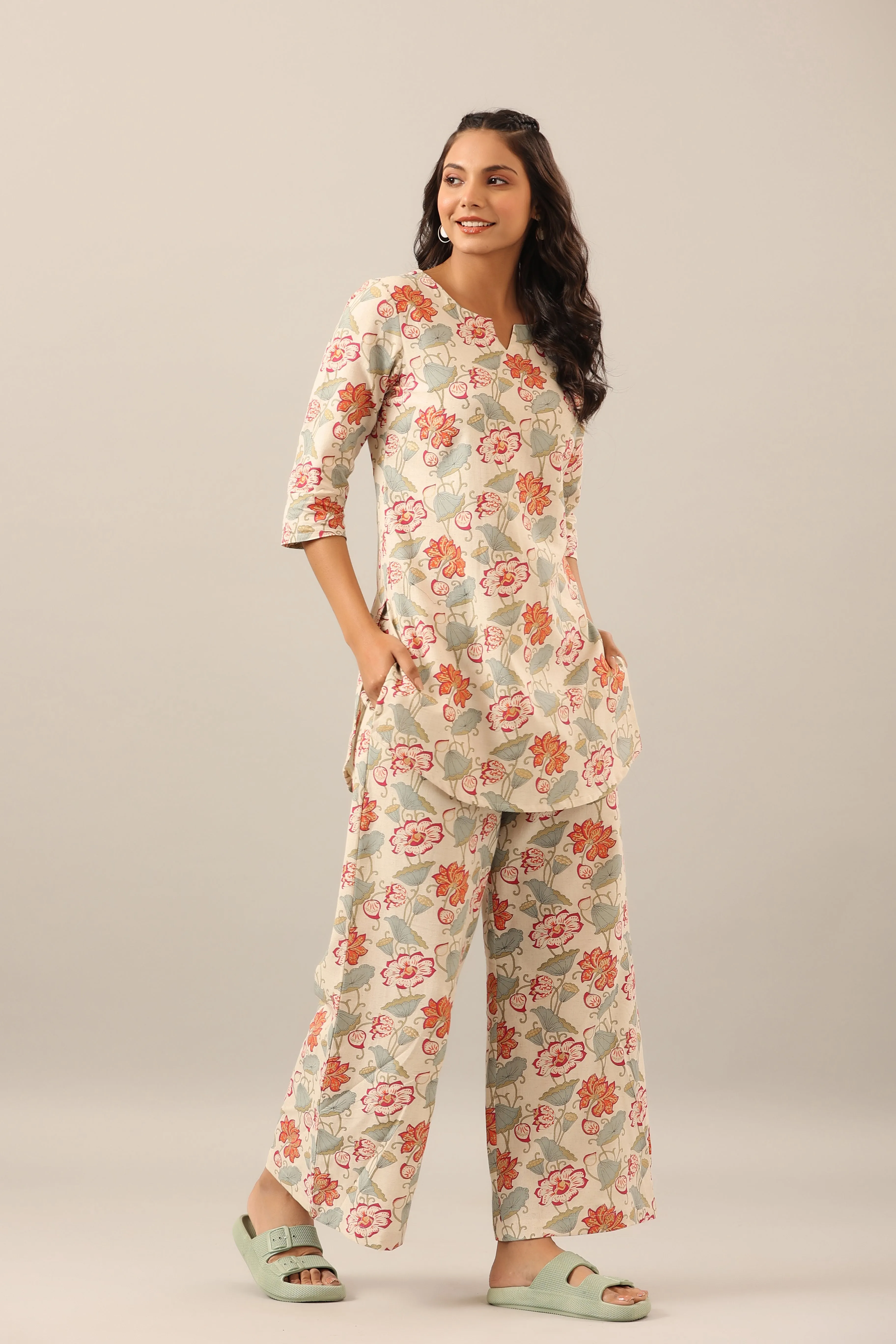 Sand Fleur on Cotton Cotton Flex Palazzo Loungewear Set