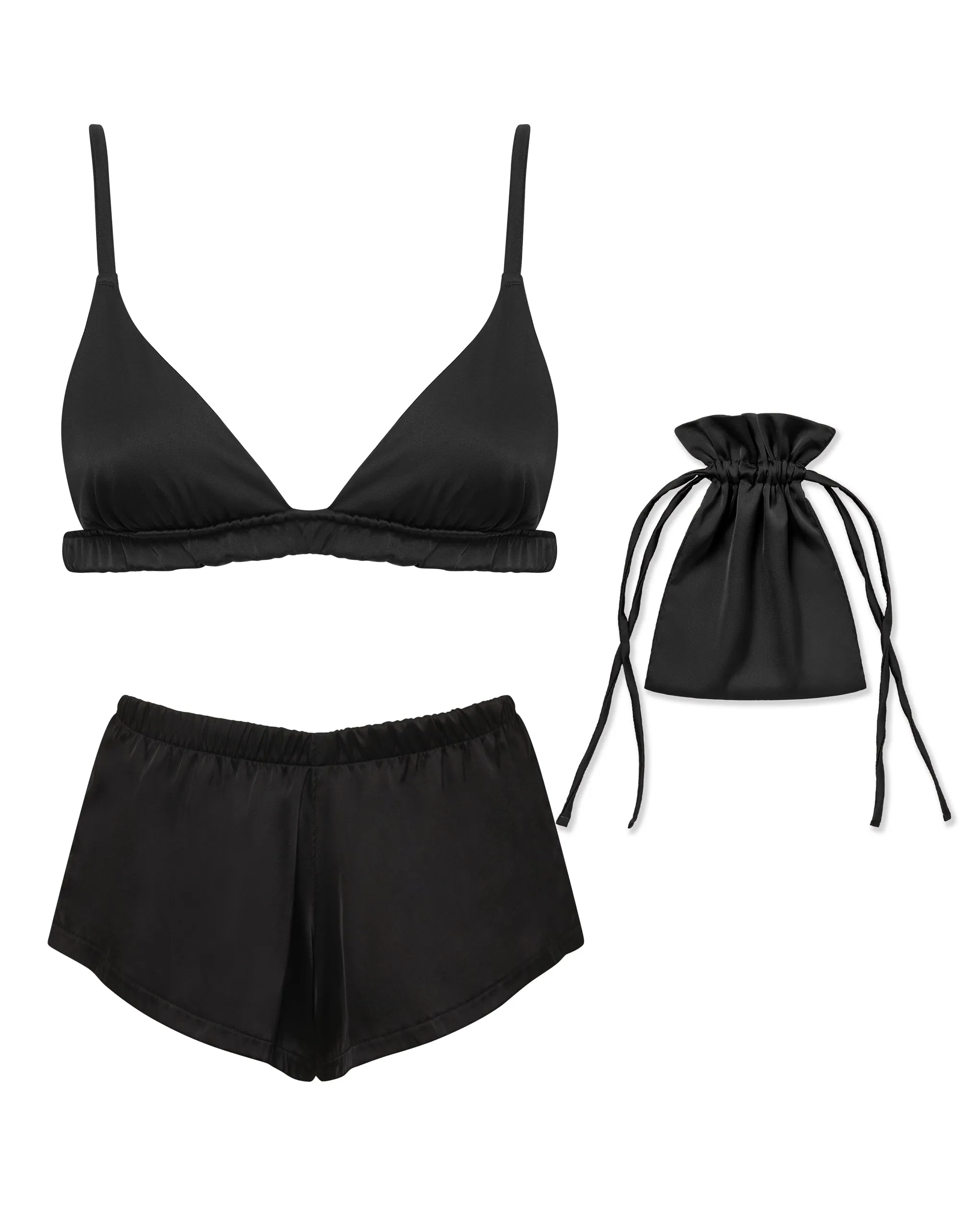 Saskia Luxury Satin Soft Bra and Short Set Black 