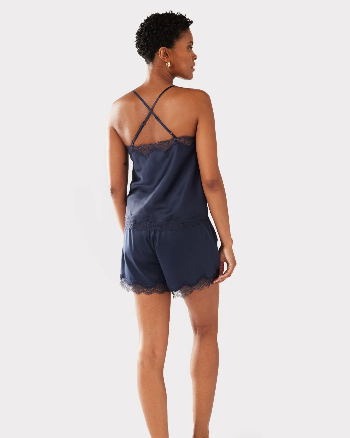 Satin Lace Trim Cami Short Pyjama Set - Navy