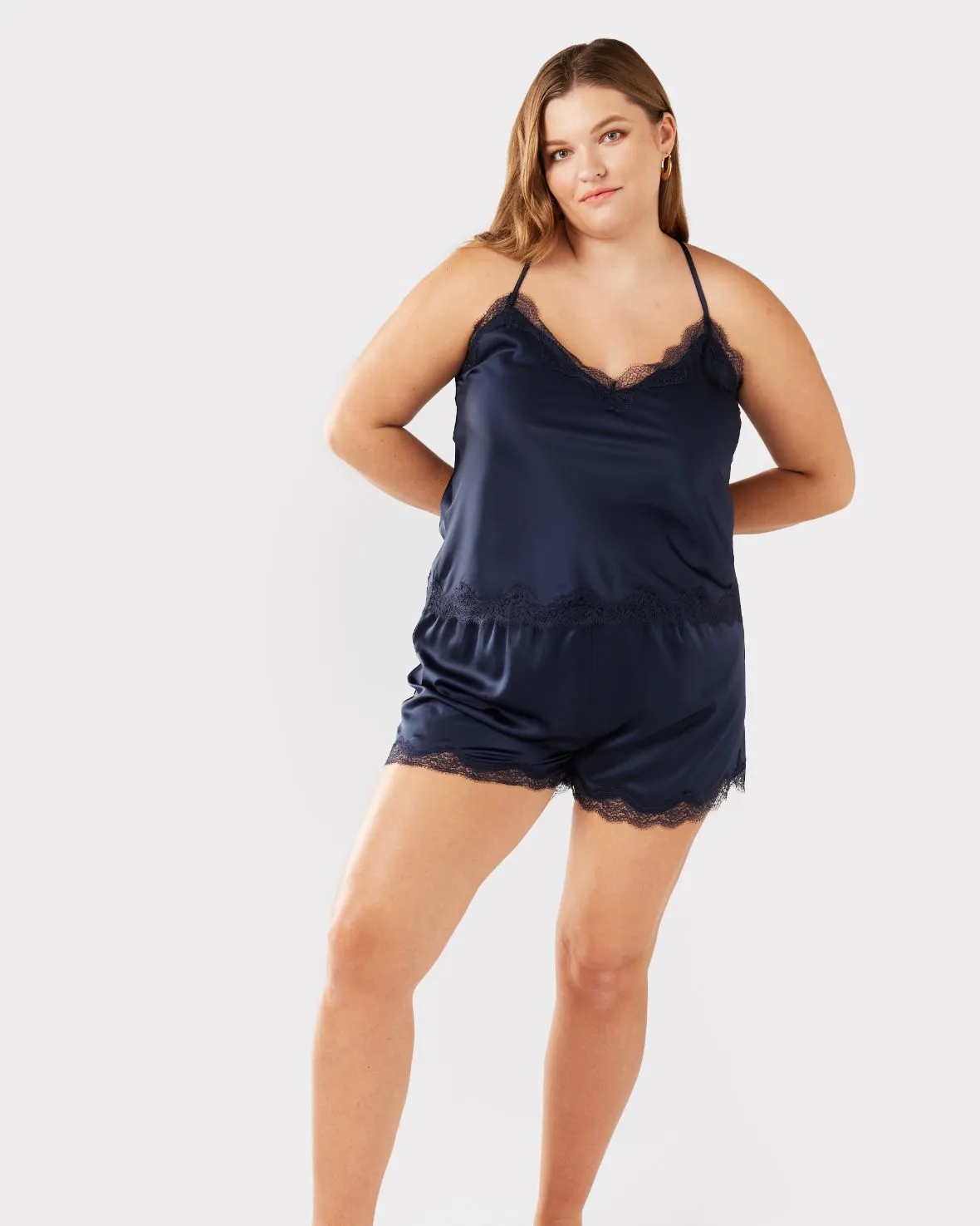 Satin Lace Trim Cami Short Pyjama Set - Navy