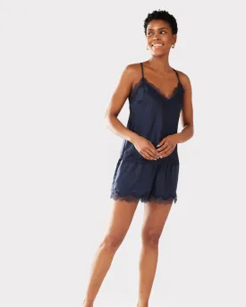 Satin Lace Trim Cami Short Pyjama Set - Navy