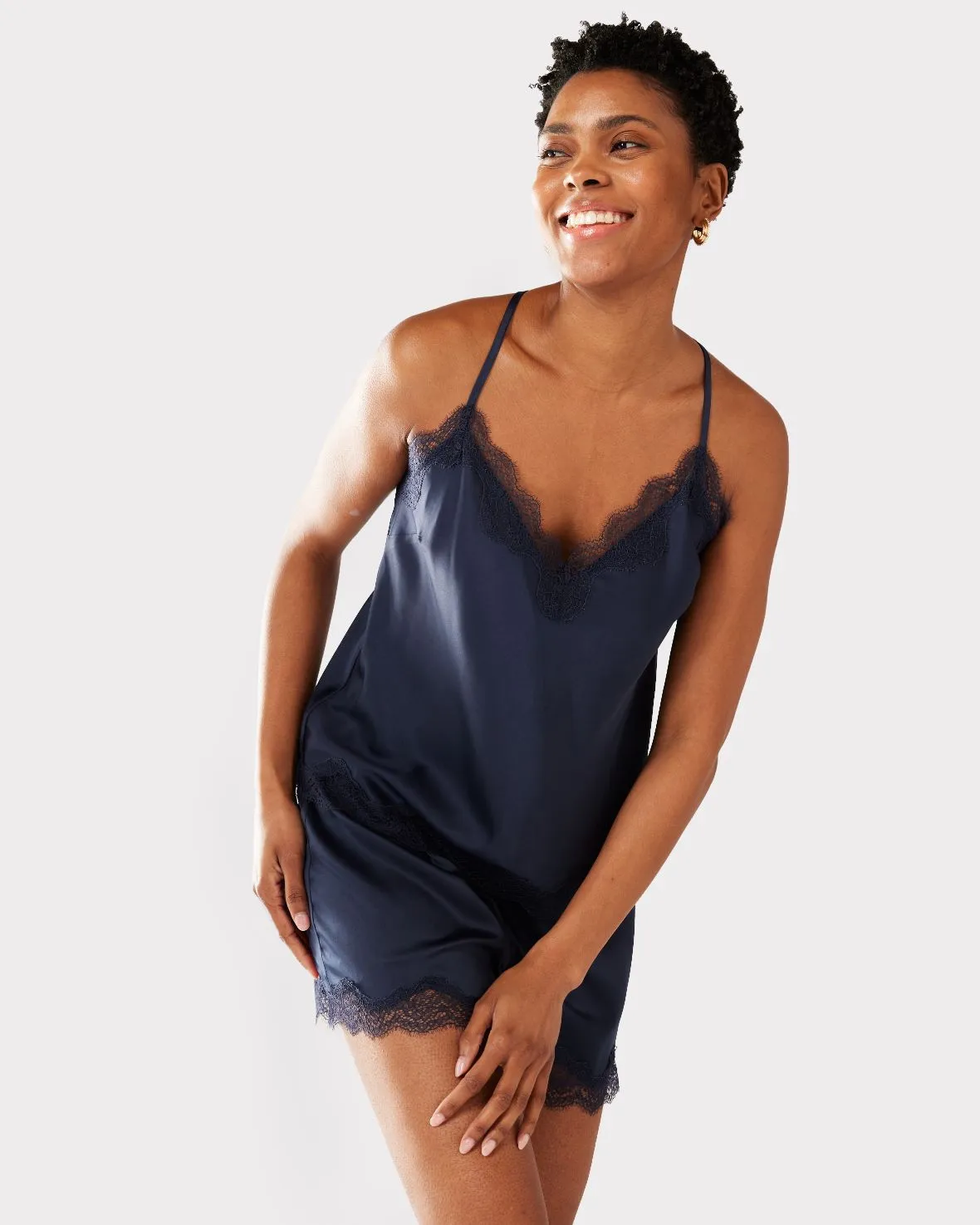 Satin Lace Trim Cami Short Pyjama Set - Navy