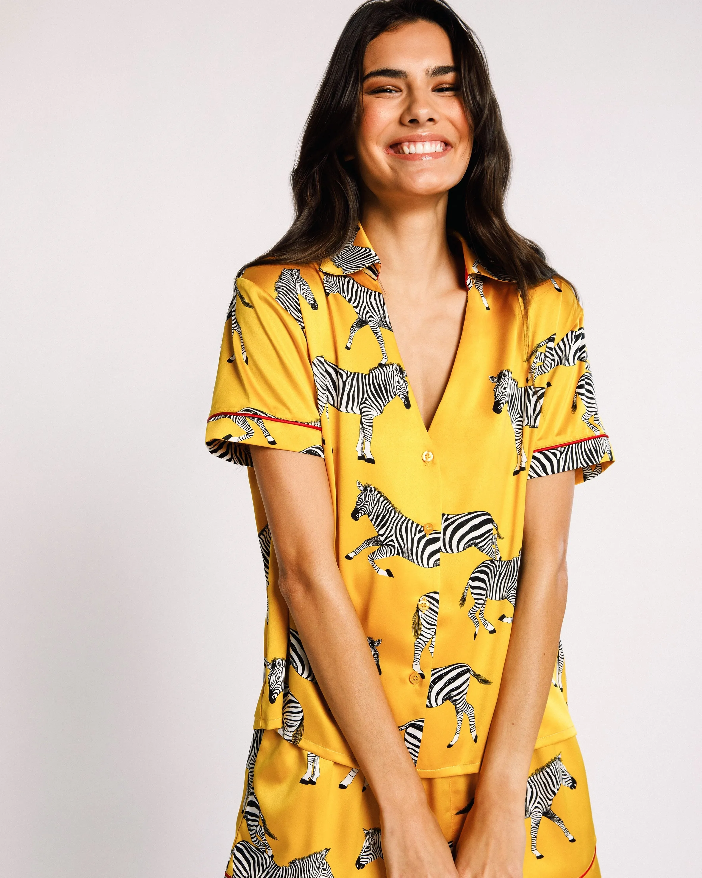 Satin Zebra Print Short Pyjama Set - Mustard