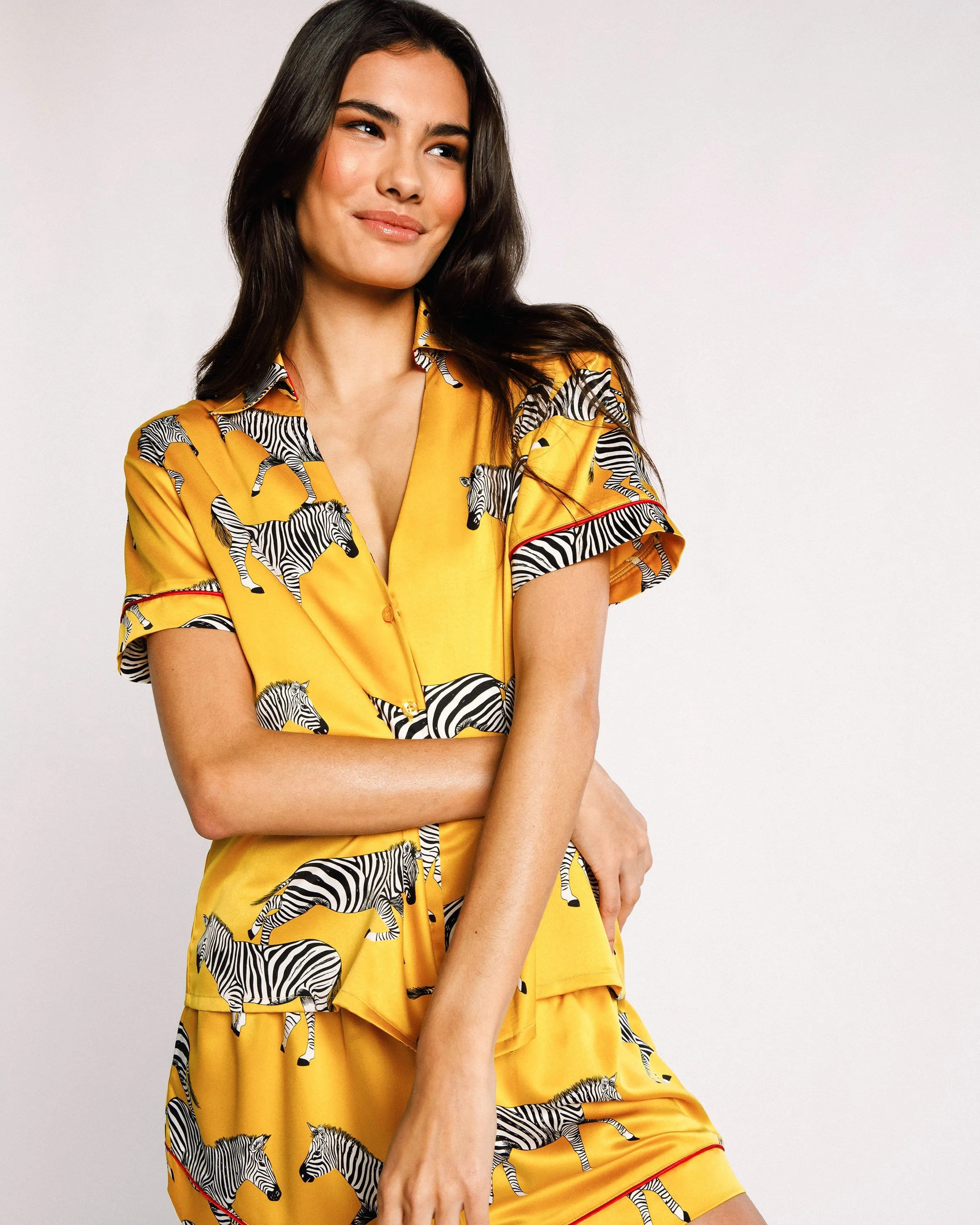 Satin Zebra Print Short Pyjama Set - Mustard