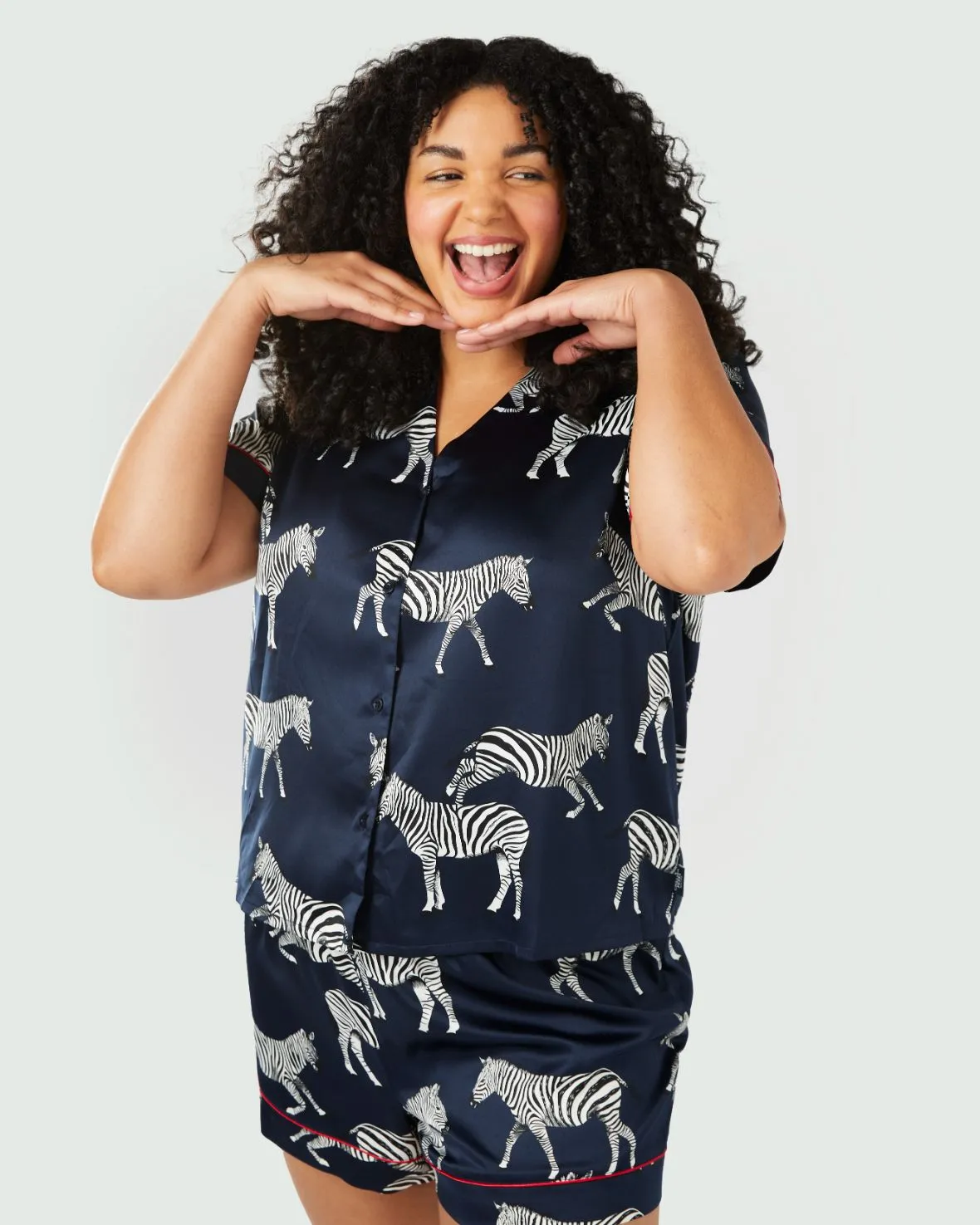 Satin Zebra Print Short Pyjama Set - Navy