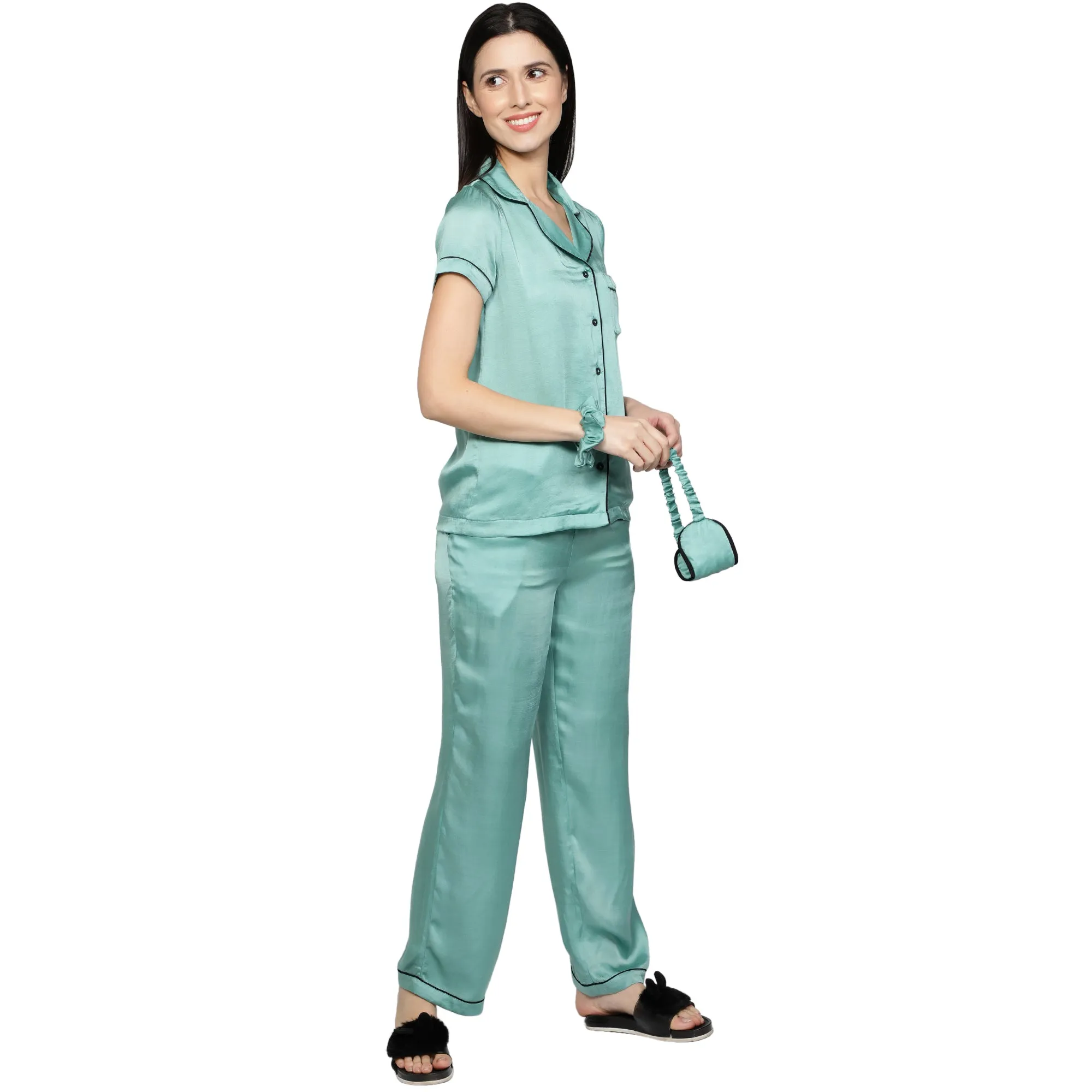 SLAY. Women's Nightwear Mint color Half Sleeve Button Up Shirt & Pyjama Co-ord Set