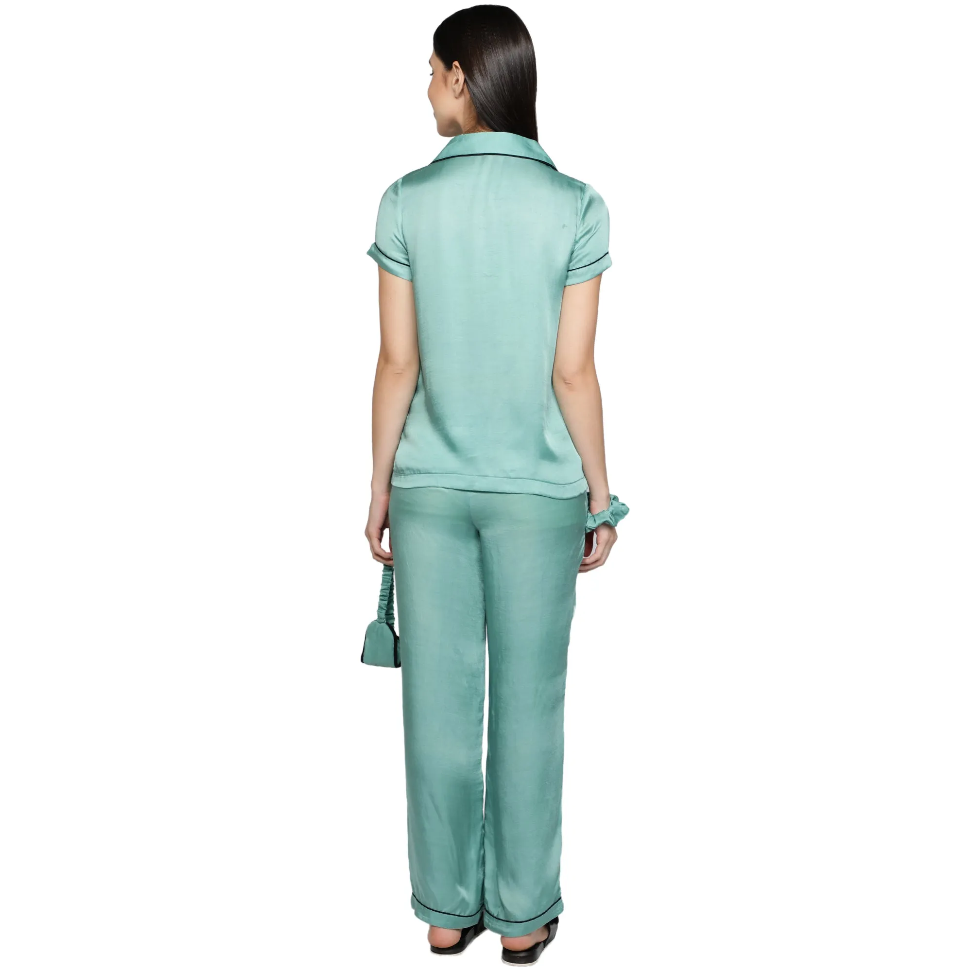 SLAY. Women's Nightwear Mint color Half Sleeve Button Up Shirt & Pyjama Co-ord Set