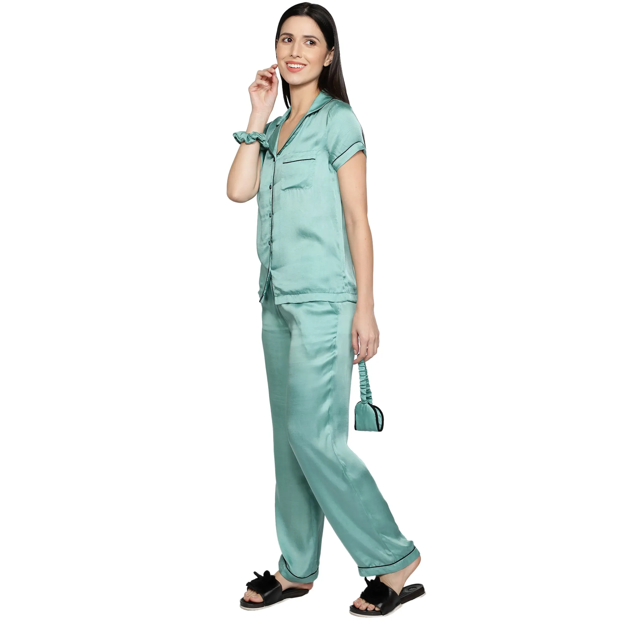 SLAY. Women's Nightwear Mint color Half Sleeve Button Up Shirt & Pyjama Co-ord Set