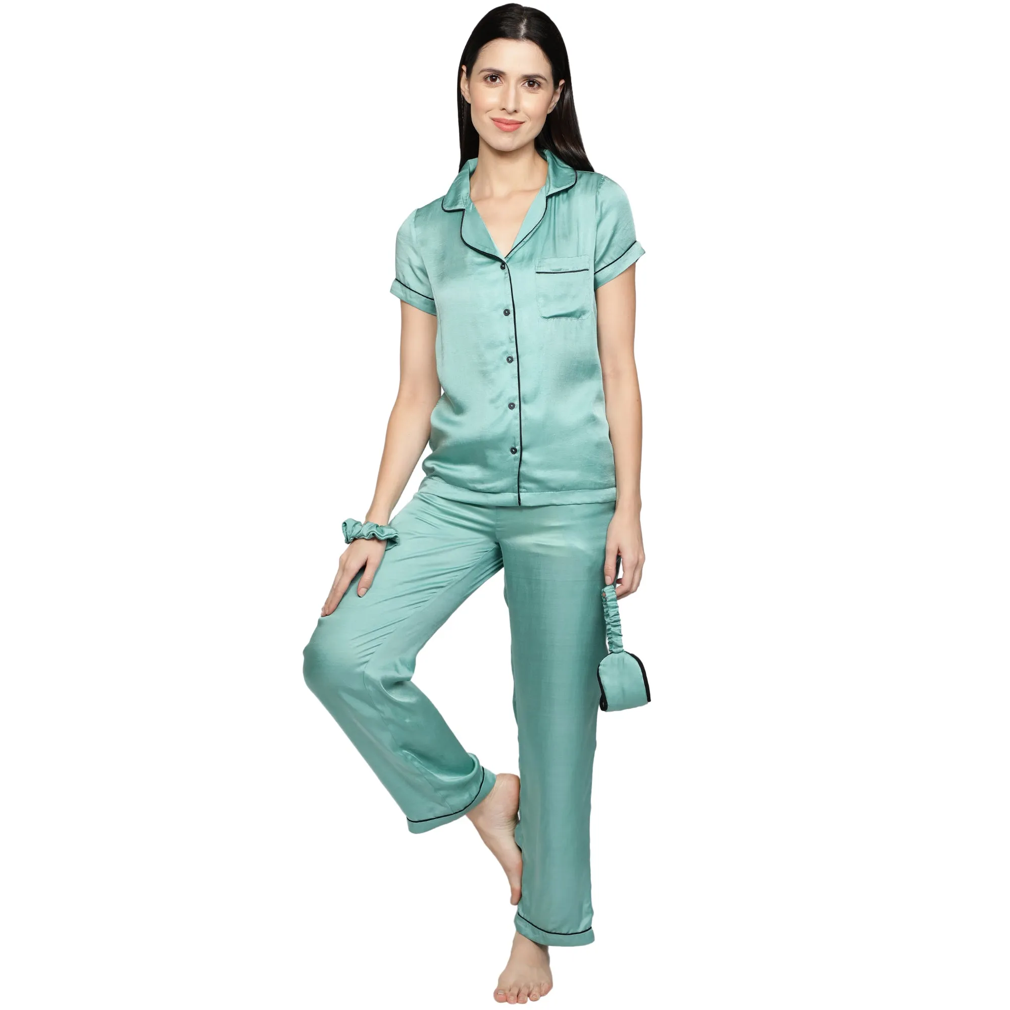 SLAY. Women's Nightwear Mint color Half Sleeve Button Up Shirt & Pyjama Co-ord Set