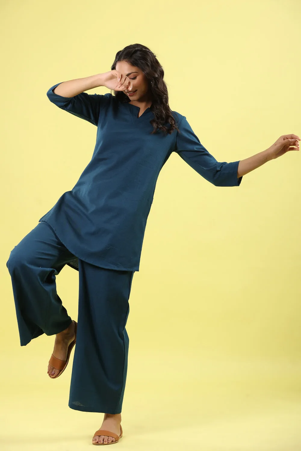 Solid Blue Cotton Flex Palazzo Loungewear Set