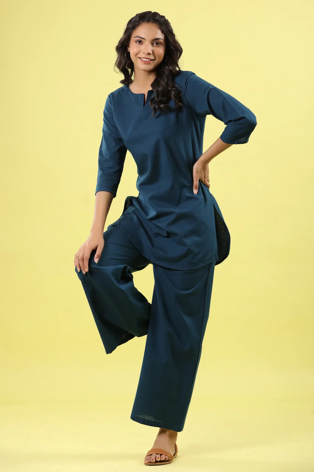 Solid Blue Cotton Flex Palazzo Loungewear Set