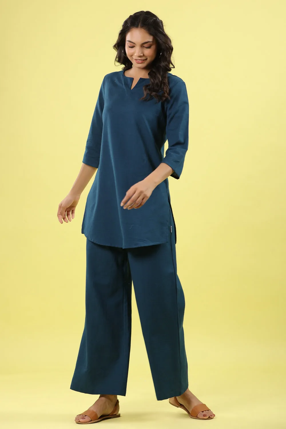 Solid Blue Cotton Flex Palazzo Loungewear Set