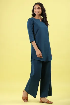 Solid Blue Cotton Flex Palazzo Loungewear Set