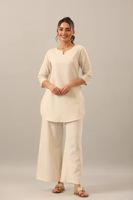 Solid Off White Cotton Flex Palazzo Loungewear Set