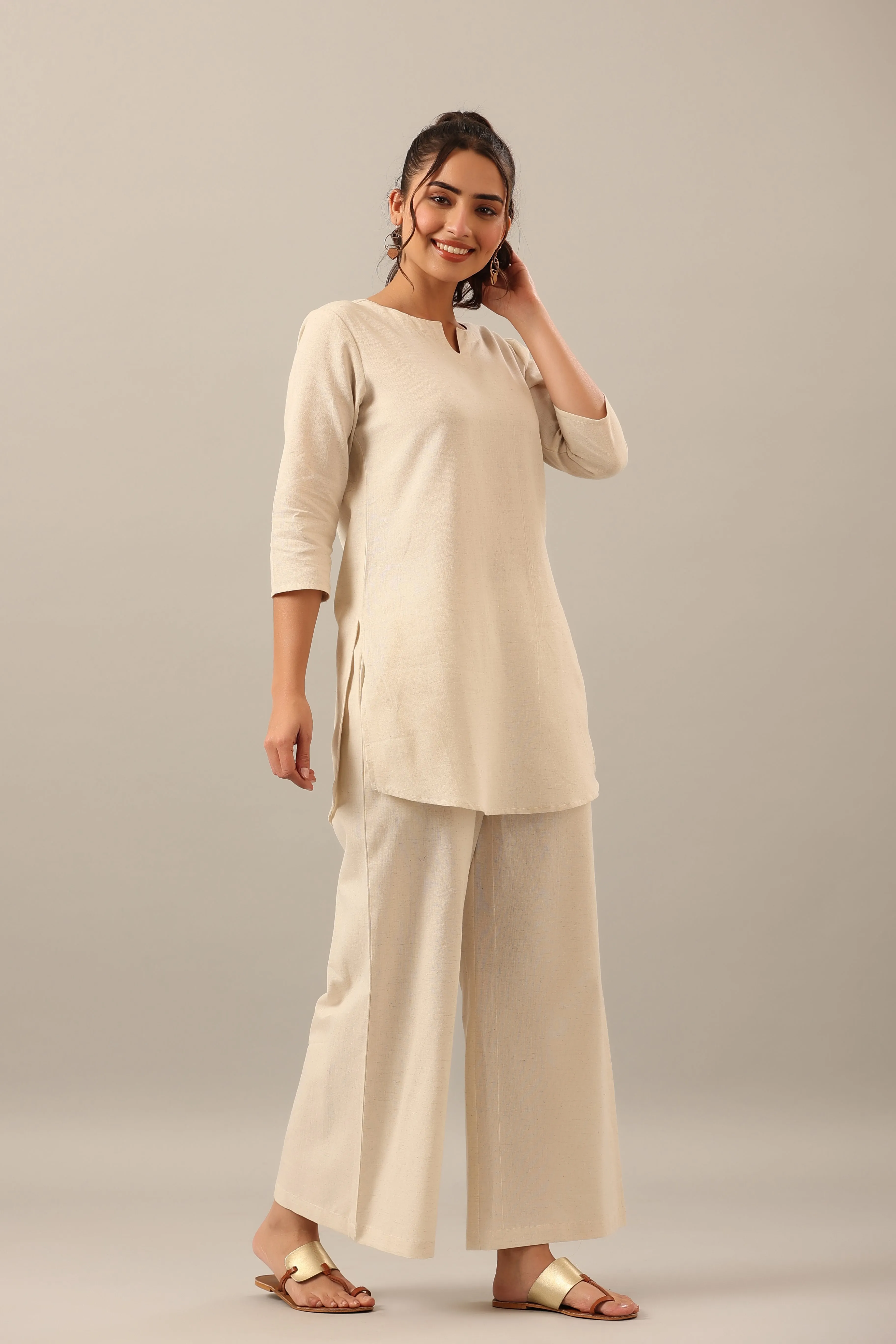 Solid Off White Cotton Flex Palazzo Loungewear Set